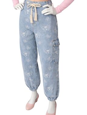 POL Rita Butterfly Embroidered Cargo Denim Jeans Large NWOT